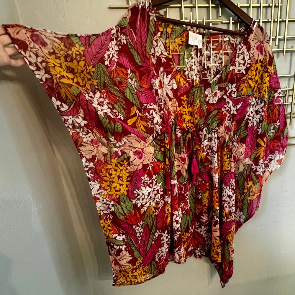 BOA Tropical Floral Kimono Tunic Blouse Tassel Tie Boho Medium